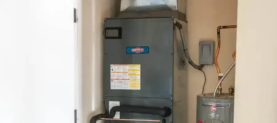 Gas furnace installed inside a residential utility closet next to a water heater